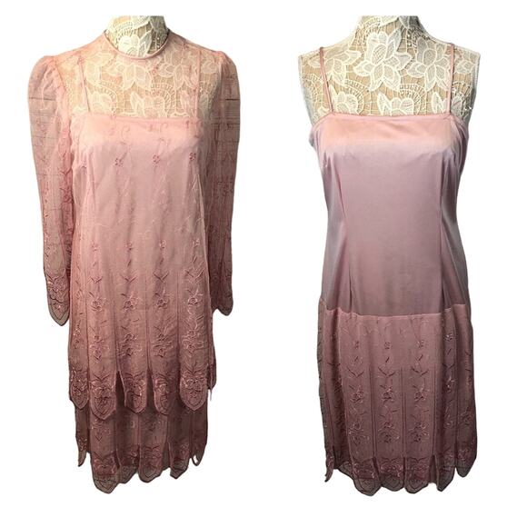 Vintage Samax New York pink lace & sheer tiered dress size medium - Picture 1 of 12